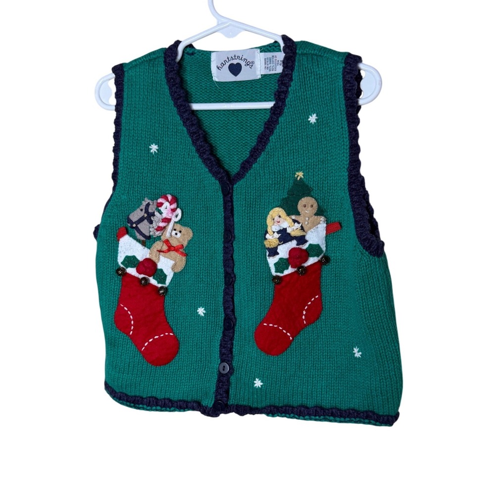 Hartstrings Kids Green Christmas Stocking Knit Vest Navy Trim Size 6X Vintage